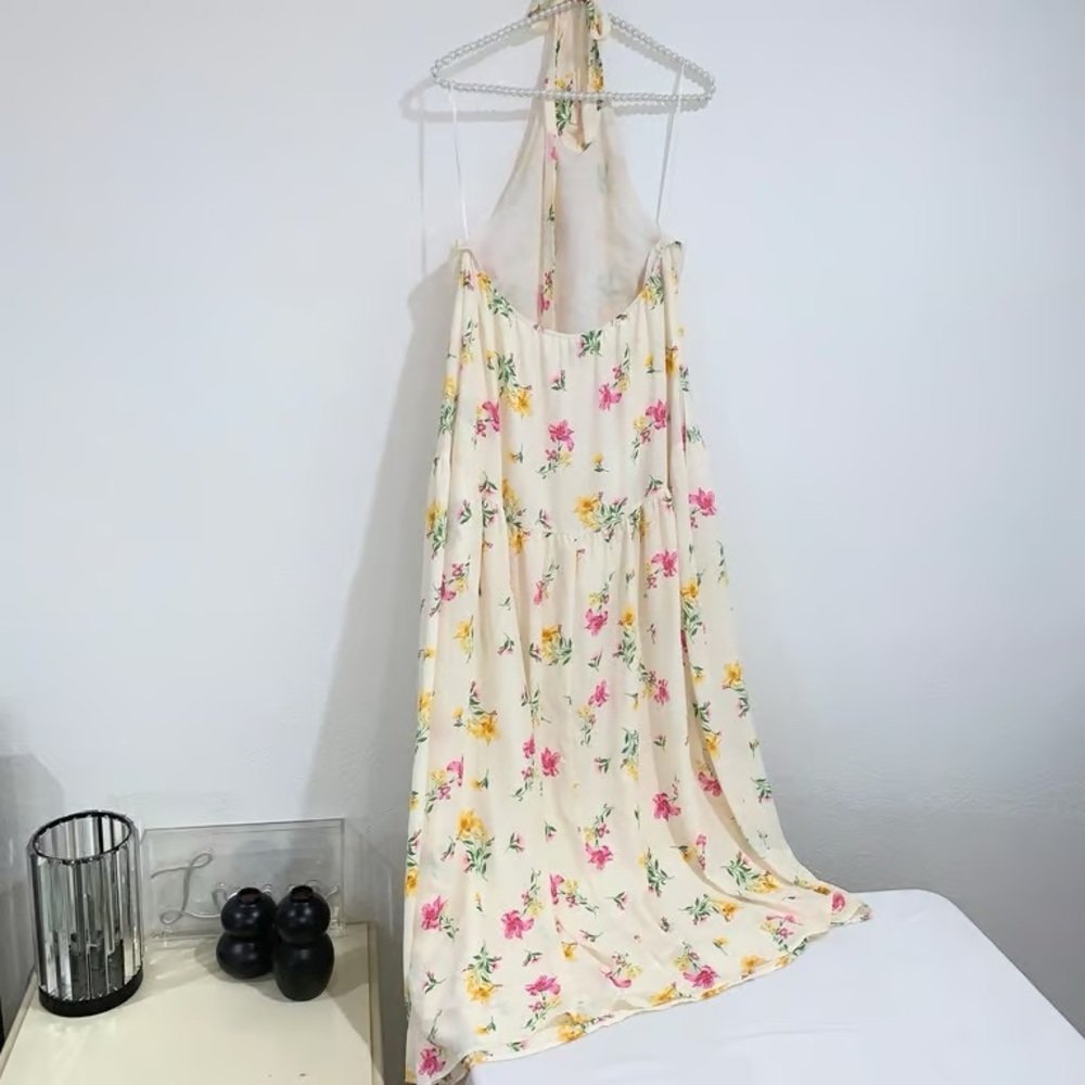 Floral Halter Maxi Dress in Cream with Pink & Yellow Blossoms